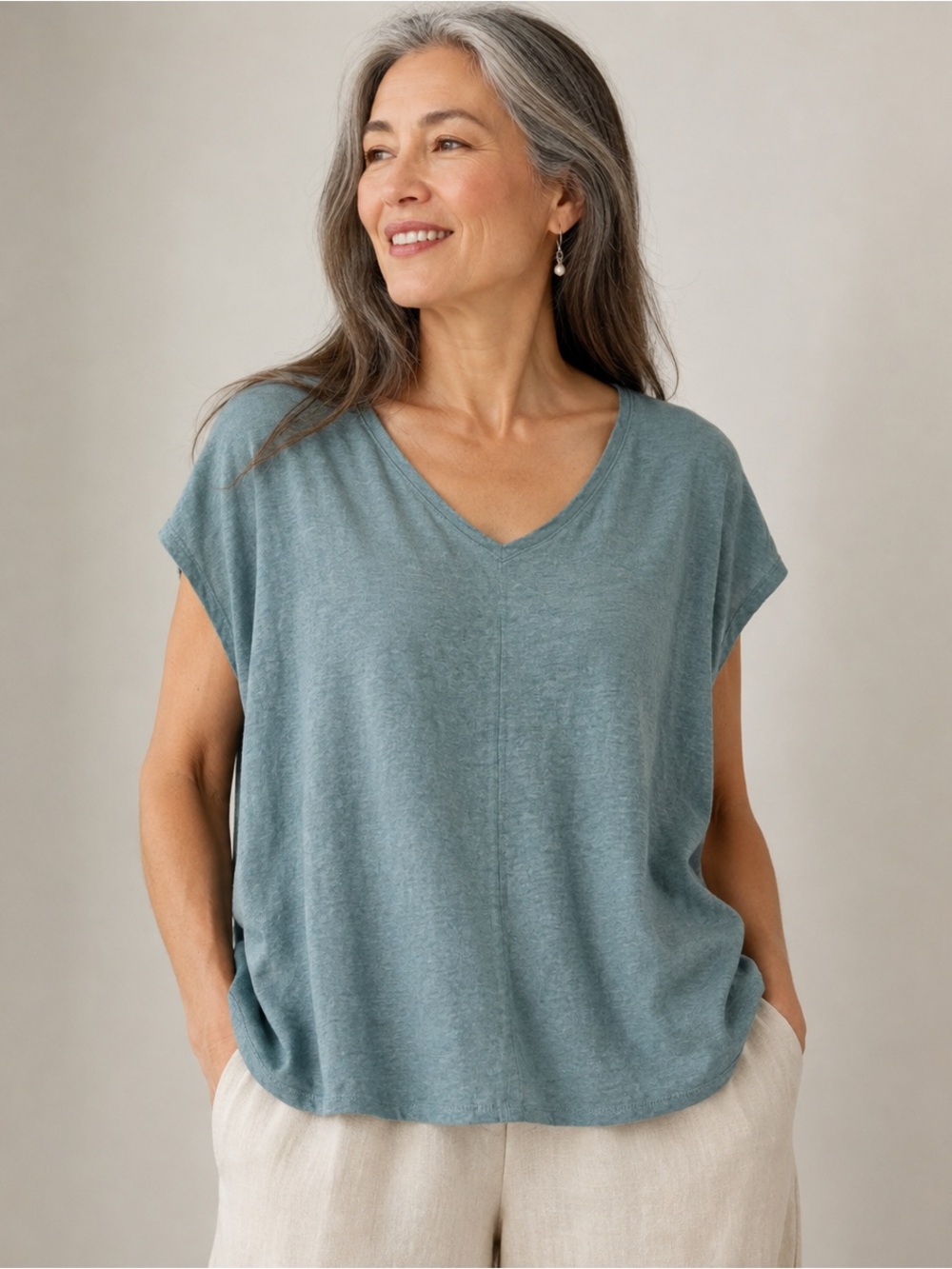 Eileen Fisher Organic Linen Coastal V‑Neck Wide Flowy Top SZ 1X Minimalist